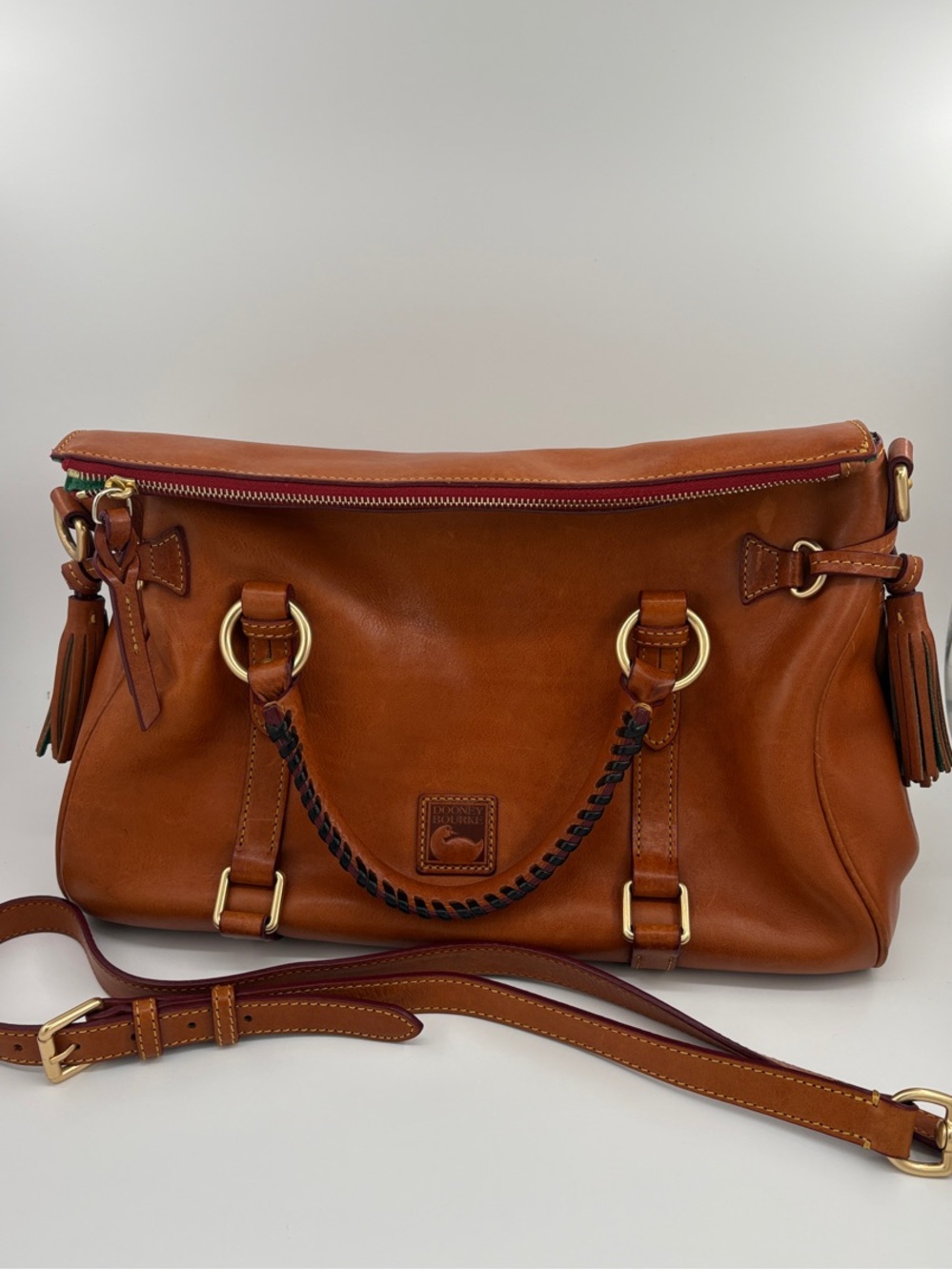 Dooney & Bourke Cognac Florentine Leather Tassel Convertible Shoulder Bag